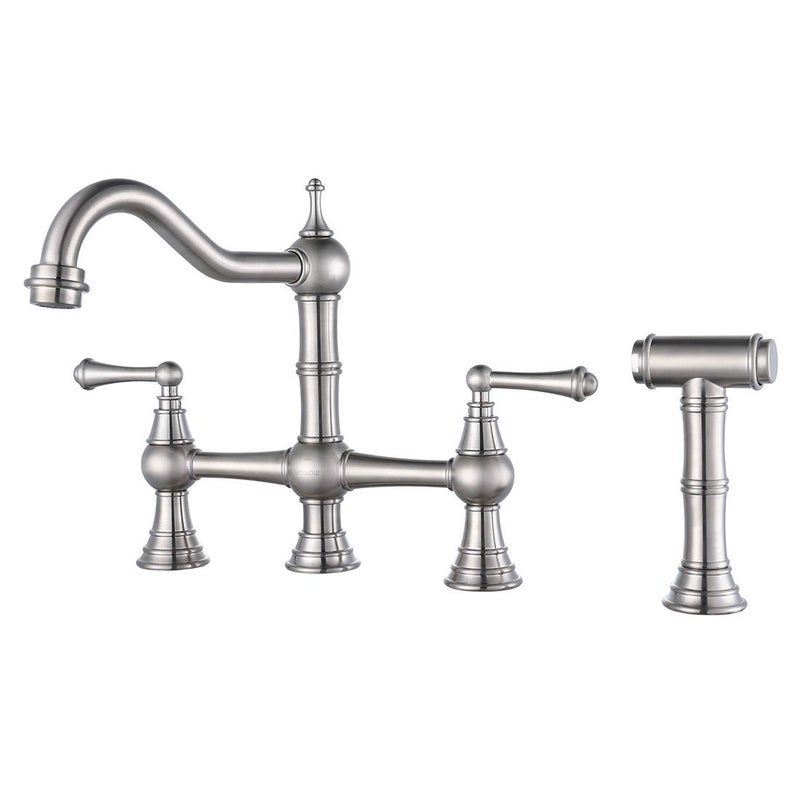 WOWOW 8 inch Centerset Bridge Kitchen Faucet with Brass Side Sprayer 2 Handles 4 Holes Antique Classic Heritage Deck-Mount Kitchen Sink Faucet, Brushed Nickel - Image 1